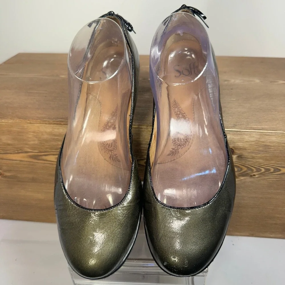 Sofft Leather Ballet Flats Whipstitch Bow Comfort Shoes Green 8.5M Lace Up Hel